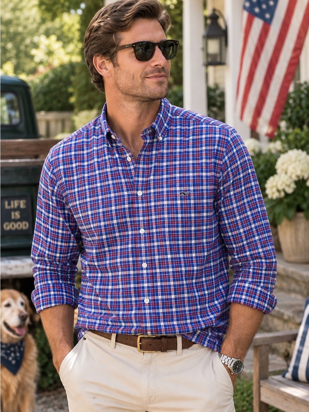 Vineyard Vines Tucker Shirt Mens M Blue Red Plaid 100% Cotton Button Down Preppy